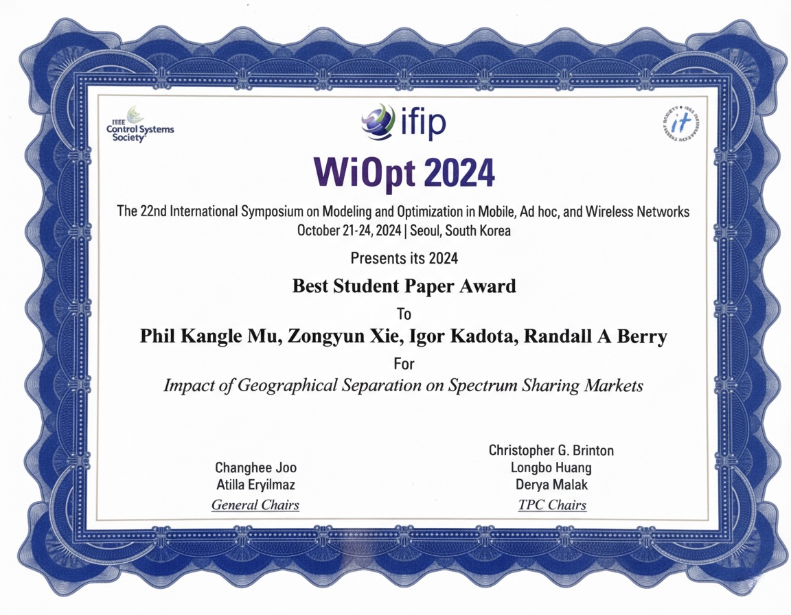 Best Student Paper Award at IEEE WiOpt 2024